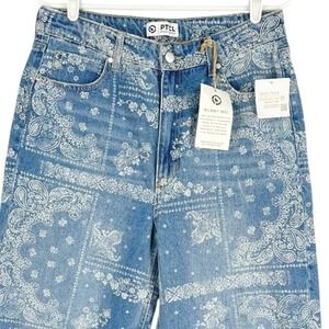PTCL Ethical Clothing Women's Jeans Sz 30 Blue Paisley Bandana Print Raw Hem NWT